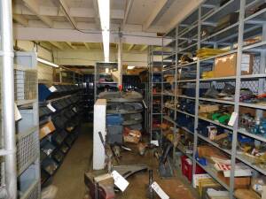 (Lot) Non-Tagged Contents of Cage Room, incl. Shelves, Valves, Motors, Machine Work Tools, Nuts, Bolts, etc.