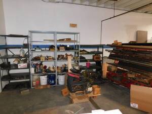 (Lot) Steel Shelves & Misc. Contents Nearby incl. Machinery Parts & Tools