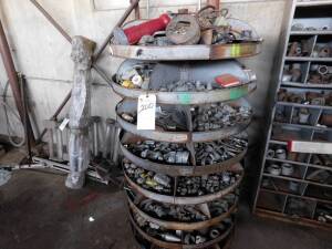 (Lot) Assorted Rotating Parts Bin & Metal Shelf